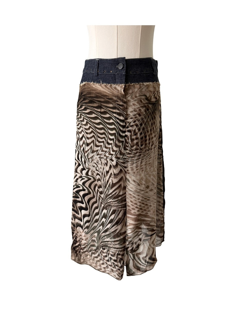 Y2K Sandro Brown Printed Midi Slip Skirt w/ Rhinestone Denim Waistband Size 2